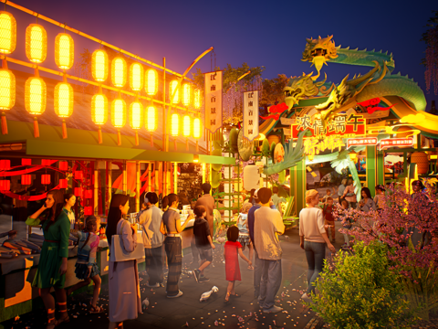 网红打卡国潮古风端午节日灯笼集市美陈su模型