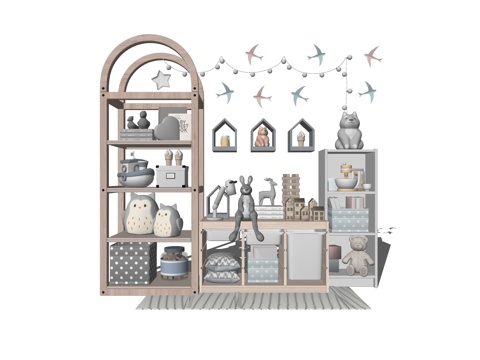 儿童房收纳架 早教玩具 动物造型玩偶 亲子阅读角 幼儿园区角su模型