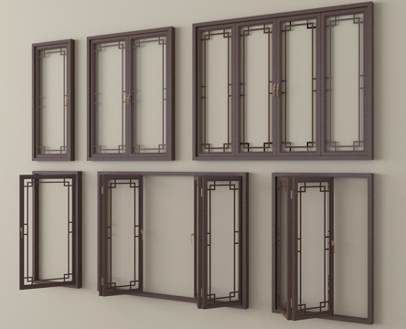  新中式窗户组合 落地窗 阳台窗 折叠窗3d模型 