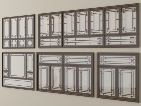 中式花格门窗 花窗 平开窗 雕花窗su模型