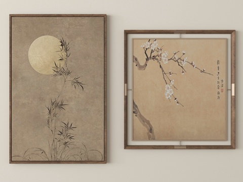 新中式挂画 水墨画 装饰画su模型