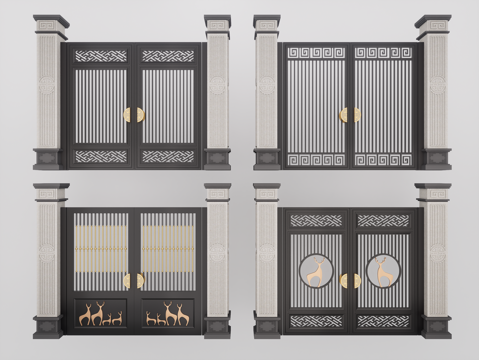 新中式别墅庭院门 新中式庭院大门 中式铝合金门 户外庭院门su模型