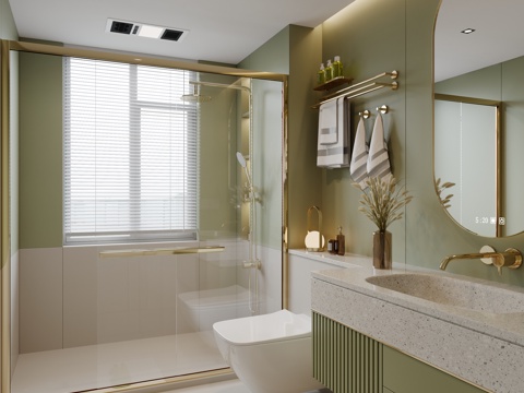 奶油风卫生间 马桶 洗手台 卫浴小件 花洒su模型