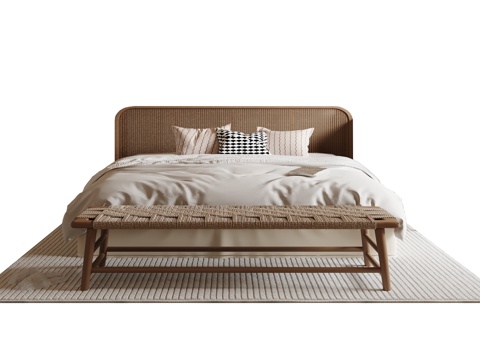  侘寂中古风双人床  藤编床3d模型 