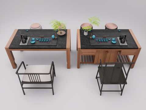 新中式茶桌椅组合 实木泡茶台 电热烧水壶 茶具用品 品茶区su模型