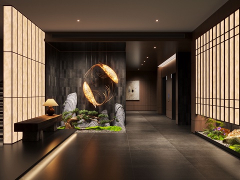 新中式过道 会所过道 茶楼过道 过道景观 走廊景观 植物造景su模型