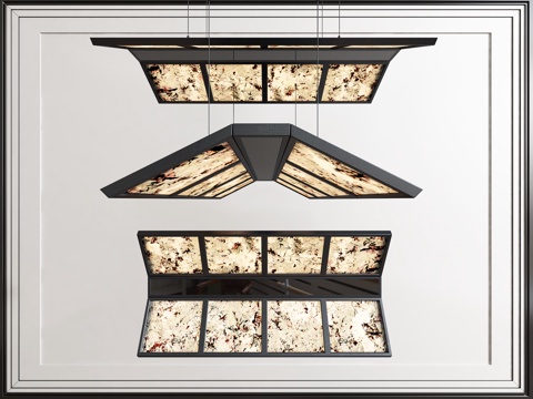 新中式桌球吊灯，透光石，长形吊灯，拼接吊灯su模型