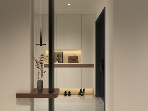 现代极简玄关门厅 现代简约入户端景 现代玄关鞋柜 玄关吊线灯su模型