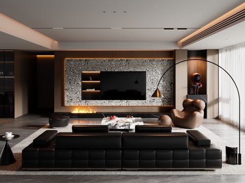 现代意式客餐厅 沙发茶几 餐桌椅 电视背景墙 餐边柜su模型