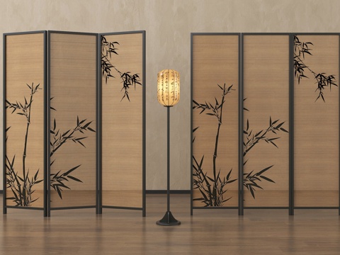新中式屏风 隔断 折叠式屏风 落地灯su模型