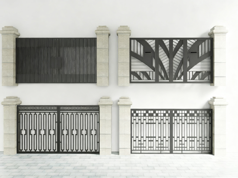 新中式别墅大门 石柱基座入户门 别墅庭院大门 仿古铜件装饰门su模型