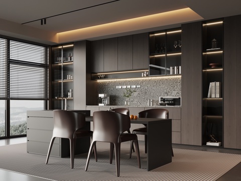 现代意式餐厅 酒柜 岛台 餐桌椅su模型