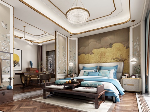  新中式卧室 现代卧室 床品 床头柜 书桌 书房 现代灯具3d模型 