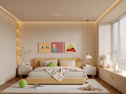 现代儿童房卧室 现代男孩房床具 现代女儿房床头柜 奶油儿童房su模型