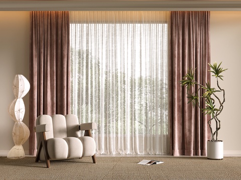 现代布艺窗帘 落地窗帘 粉色窗帘 女孩房窗帘su模型