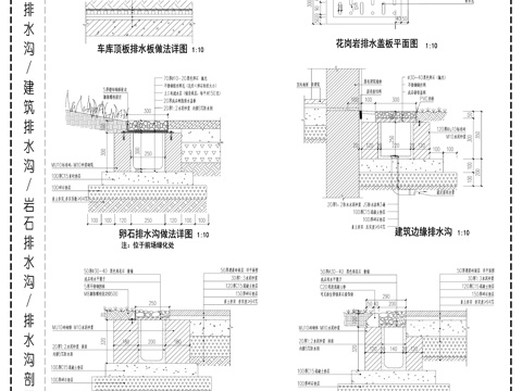 建筑边缘排水沟 卵石排水沟  排水沟 排水盖板剖面图cad施工图