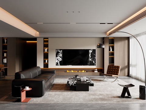 现代意式客餐厅 沙发茶几 餐桌椅 电视背景墙 餐边柜su模型