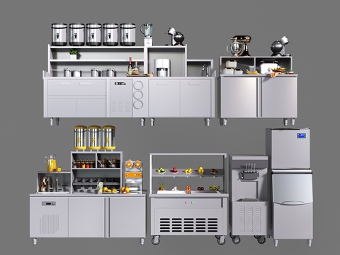 现代冷饮奶茶操作台 不锈钢工作台 咖啡机 冷饮机 后厨厨具su模型