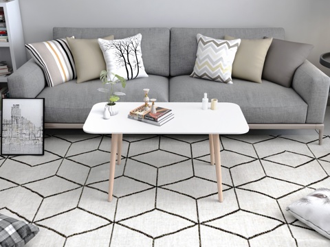  北欧茶几长方形茶几沙发地毯抱枕3d模型 