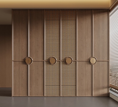 新中式衣柜 藤编柜门su模型