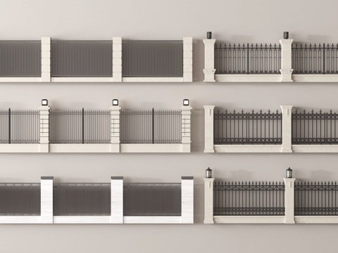 现代围栏 铁艺围栏护栏 围墙景墙 小区围墙 别墅围墙su模型