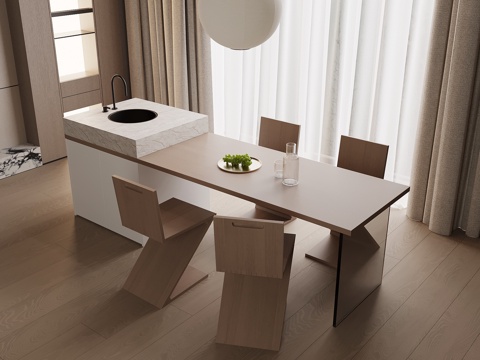 现代奶油风吧台 餐桌椅su模型