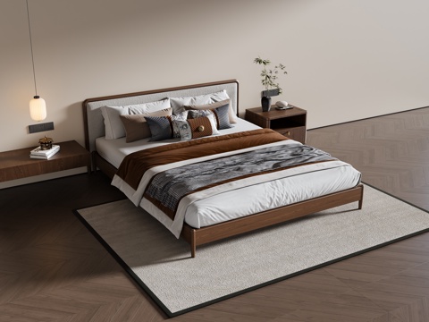  新中式双人床 实木双人床 床头柜 吊灯 地毯3d模型 