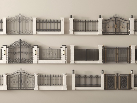 现代庭院门 铁艺大门 别墅大门 入户大门 别墅围墙su模型