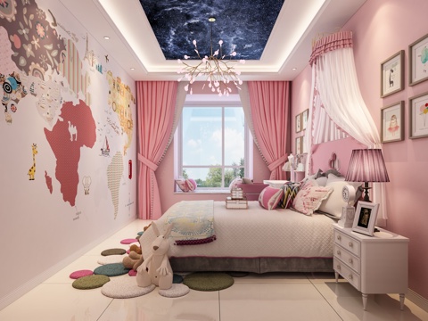  现代女孩房 公主房3d模型 