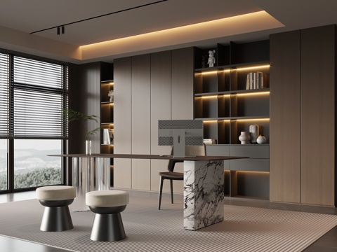  现代意式书房 书柜 书桌椅3d模型 