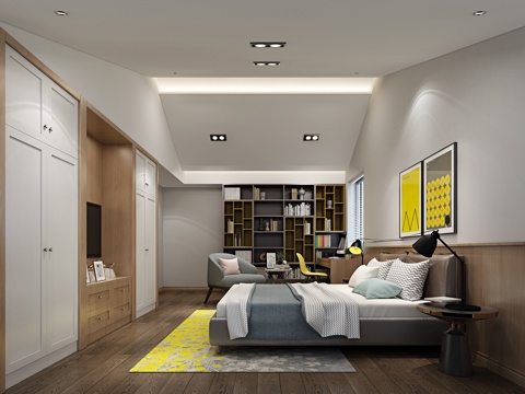  北欧卧室 床 衣柜 书柜 书桌3d模型 