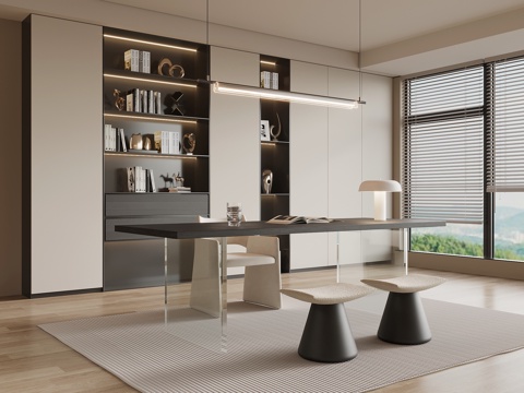 现代意式书房 书柜 书桌椅su模型