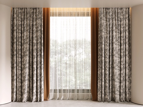 法式布艺窗帘 复古印花窗帘 提花遮阳帘 纱帘su模型