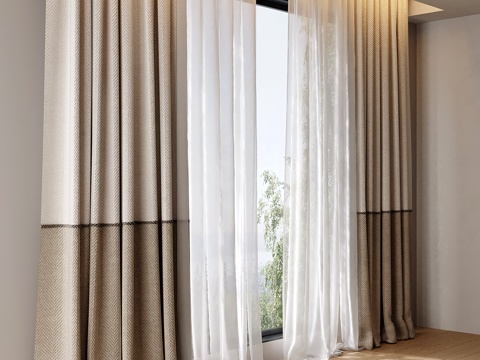 现代布艺窗帘 落地窗帘 遮阳帘 纱帘 分段式窗帘su模型