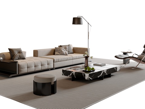 现代简约沙发茶几组合 休闲椅 落地灯 茶几 意式凳子su模型