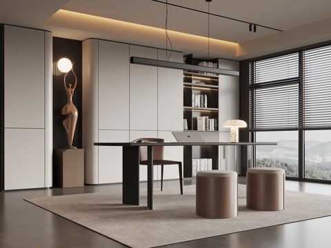 现代意式书房 书柜 书桌椅su模型