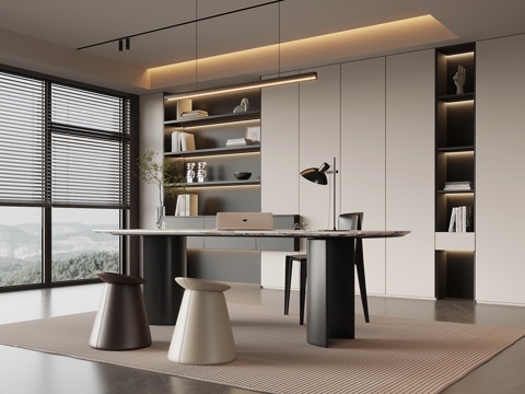  现代意式书房 书柜 书桌椅3d模型 