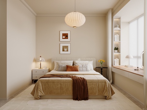  奶油风卧室3d模型 