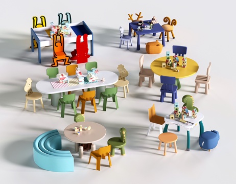  现代儿童桌椅 玩具桌椅 游戏桌椅 幼儿园桌椅 手工桌3d模型 