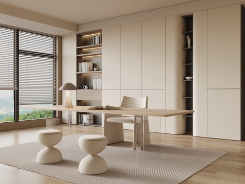 现代简约书房 书柜 书桌椅su模型