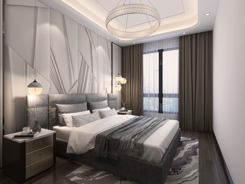  后现代港式卧室床头背景墙床头柜现代床水晶吊灯3d模型 