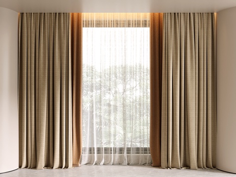 现代布艺窗帘 落地窗帘 遮阳帘 纱帘su模型