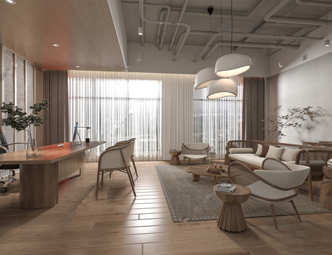 侘寂经理办公室 办公桌椅 沙发组su模型