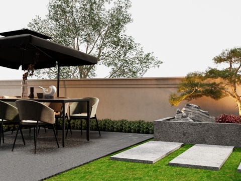  现代新中式 庭院花园 餐桌椅 入户对景 孤植石 造型松组合3d模型 