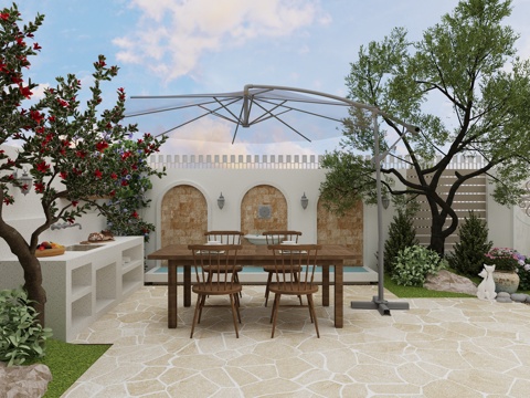 现代法式 南法庭院花园 水景墙 餐桌椅 操作台 石榴树 油橄su模型