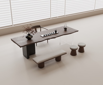 茶桌茶椅组合 茶具 实木茶桌 椅子 盆栽su模型