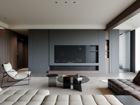 意式客厅电视背景 现代客厅茶几组合 现代黑白灰客厅 极简电视su模型