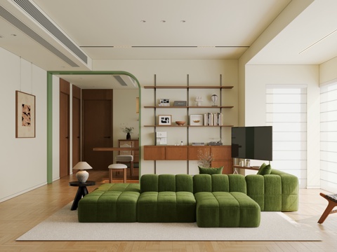  现代中古风客餐厅 横厅 大平层 客厅书房一体3d模型 