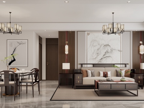  新中式客餐厅 新中式沙发 新中式电视柜 新中式餐桌椅吊灯3d模型 