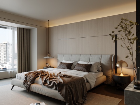 中古卧室 双人床 吊灯 地毯 床头柜 梳妆台su模型